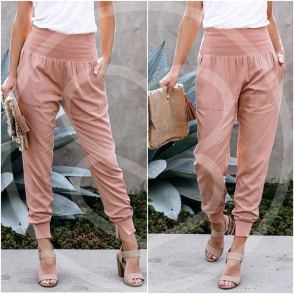 Pants - Ruched Black Jogger Pants - pink